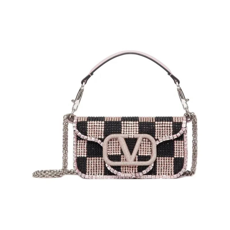 Valentino Locò Rhinestone Crossbody Handbag Shoulder Bag Small Size Women's Black Rose And Watermelon Pink.-0