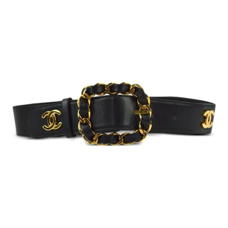 CHANEL 990-2000s CC Logo Plaque Leather Leather Belts Women's Black-0