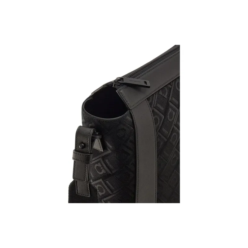 FERRAGAMO Calfskin Patchwork Fabric Shoulder Bag Crossbody Bag Handbag Men's Black-5