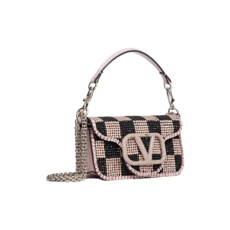 Valentino Locò Rhinestone Crossbody Handbag Shoulder Bag Small Size Women's Black Rose And Watermelon Pink.-1