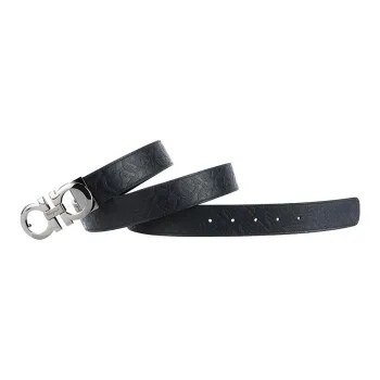 FERRAGAMO Patterned Print Design Leather Belts Men's Marine Blue Width 3.5CM