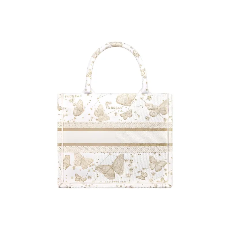 DIOR BookTote Embroidery Tote Bag Shopping Bag Handbag Small Size Women's Gold & White-2