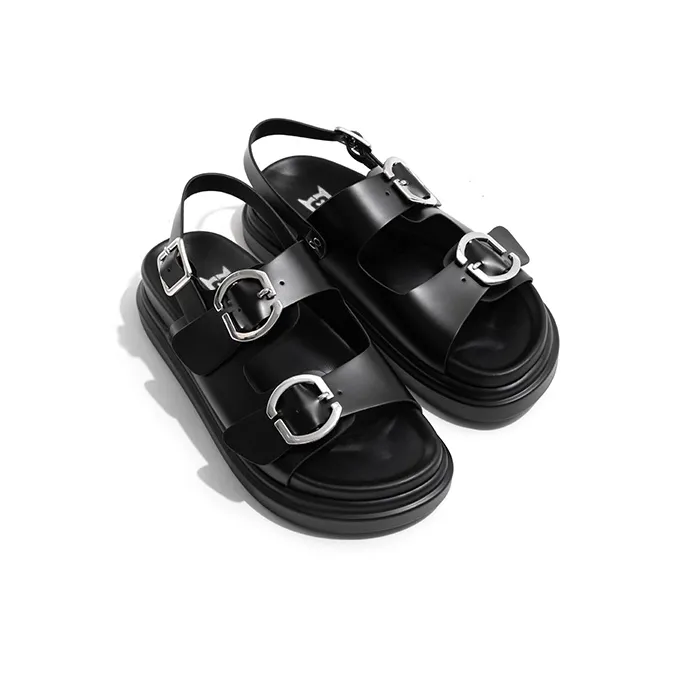 Old Meow Flat One Button Buckle Sandals Beach Sandals 4.5cm Women's Black-3