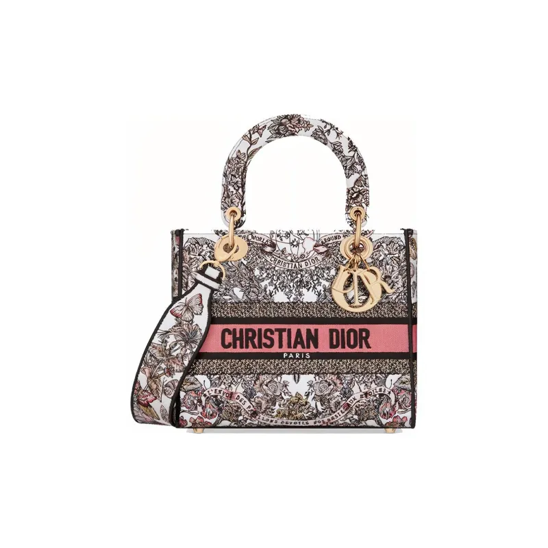 DIOR Lady D-Lite Embroidery Dior Bag Shoulder Bag Crossbody Bag Handbag Medium Size Women's White & Light Pink-0
