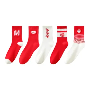 MIIOW Mid-Calf Socks Women's 5 Pack Red And White Text Pattern