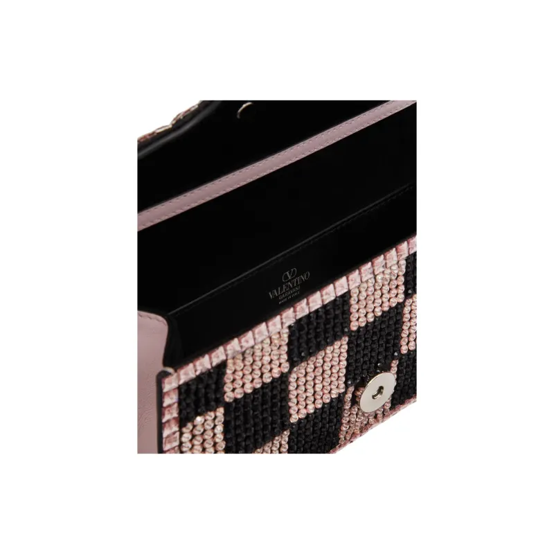Valentino Locò Rhinestone Crossbody Handbag Shoulder Bag Small Size Women's Black Rose And Watermelon Pink.-6
