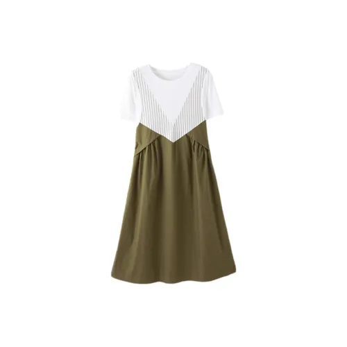 IHIMI Short-Sleeved Dresses Women's Army Green With White Accents