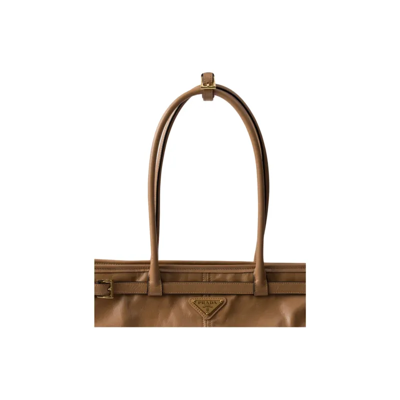 PRADA Soft Leather Shoulder Bag Crossbody Bag Handbag Large Size Women's Cameo Brown-5