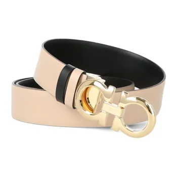 FERRAGAMO Logo Emblem Smooth Buckle Metal Leather Belts Women's Light Brown Width 3.5CM