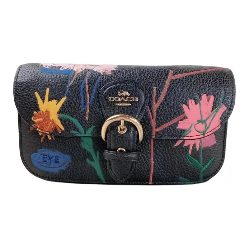 COACH X Basquiat Collaboration Kleo Leather Shoulder Bag, Crossbody Bag Trumpets Women's Black-0