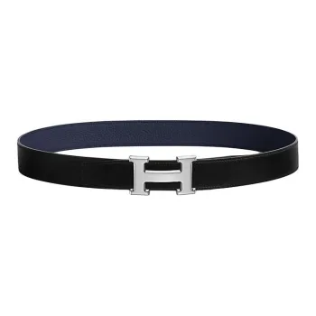 HERMES Brass Calfskin Leather Belts Men's Black/Blue Width  3.2CM