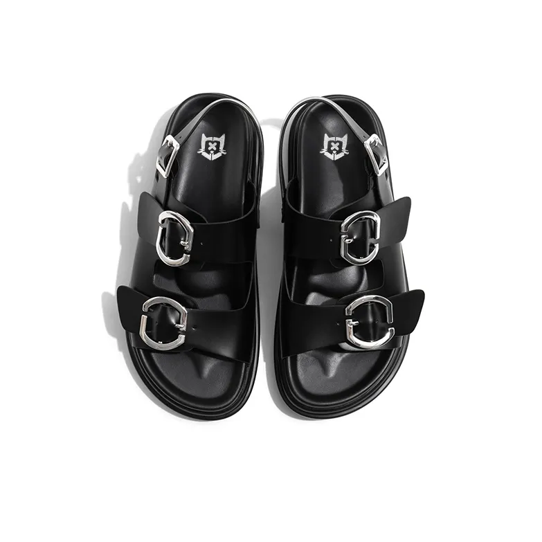 Old Meow Flat One Button Buckle Sandals Beach Sandals 4.5cm Women's Black-4