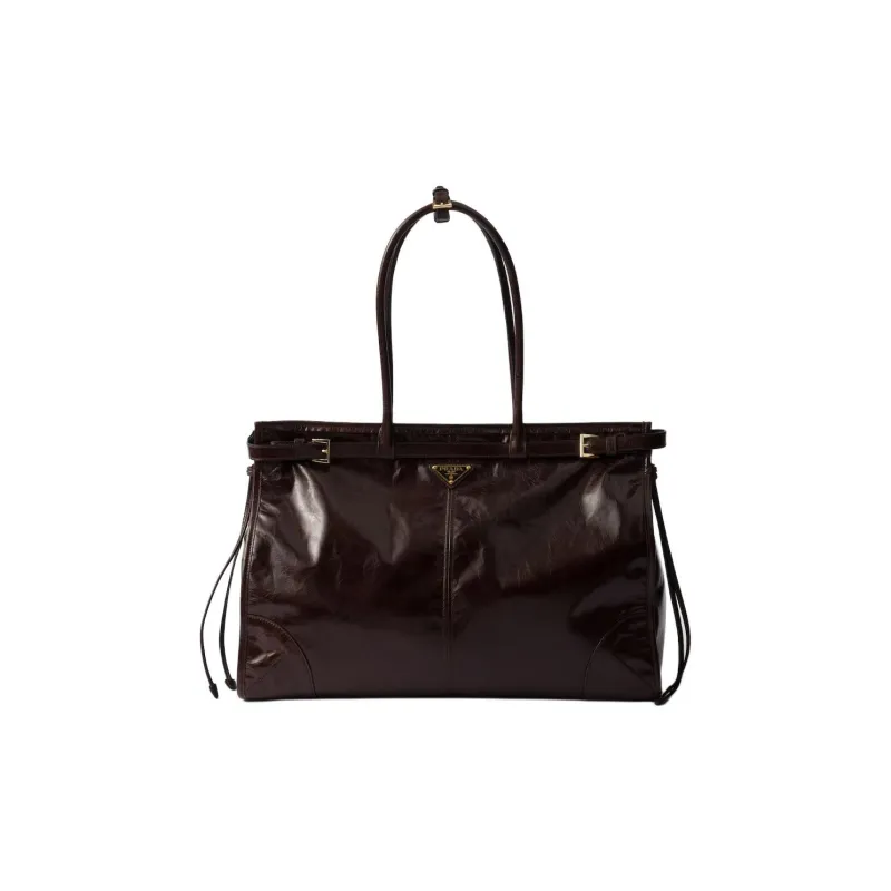 PRADA Soft Leather Shoulder Bag Crossbody Bag Handbag Large Size Women's Dark Brown-0