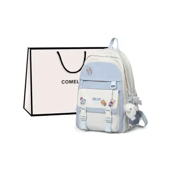 COMELY Nylon Fabric Backpack Large Size Unisex White & Blue/Black