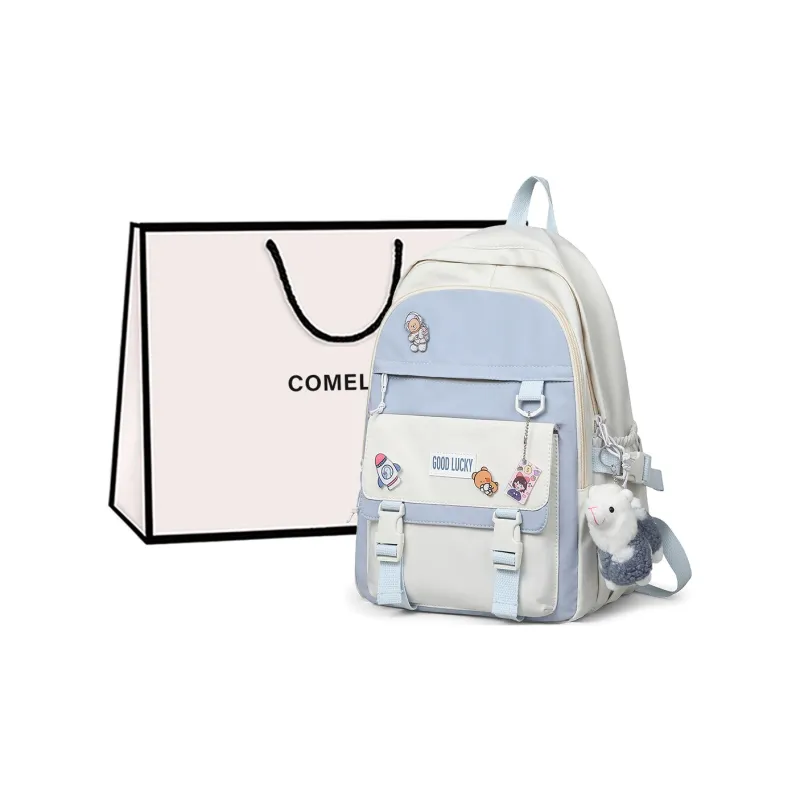 COMELY Nylon Fabric Backpack Tubas Unisex White & Blue/Black-0