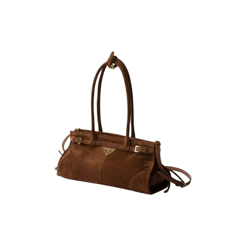 PRADA Suede One Shoulder Handbag Medium Size Women's Cocoa Brown-1