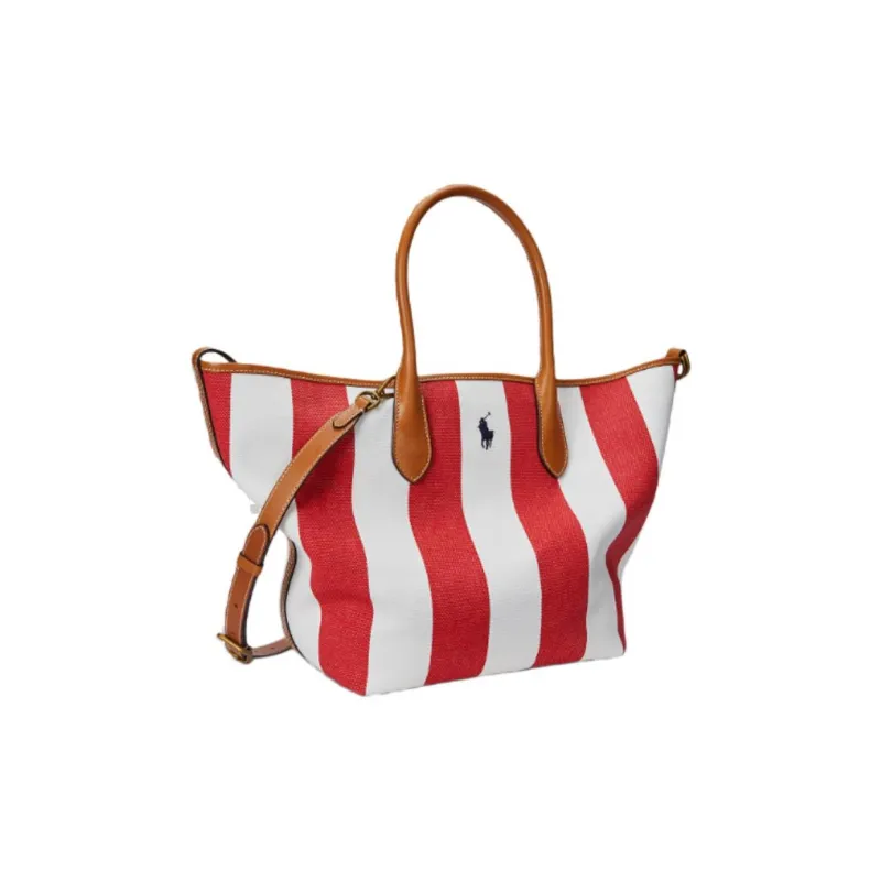 Polo Ralph Lauren Canvas Tote Bag Shopping Bag Shoulder Bag Handbag Medium Size Women's Red & White-1
