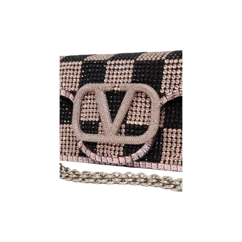 Valentino Locò Rhinestone Crossbody Handbag Shoulder Bag Small Size Women's Black Rose And Watermelon Pink.-5