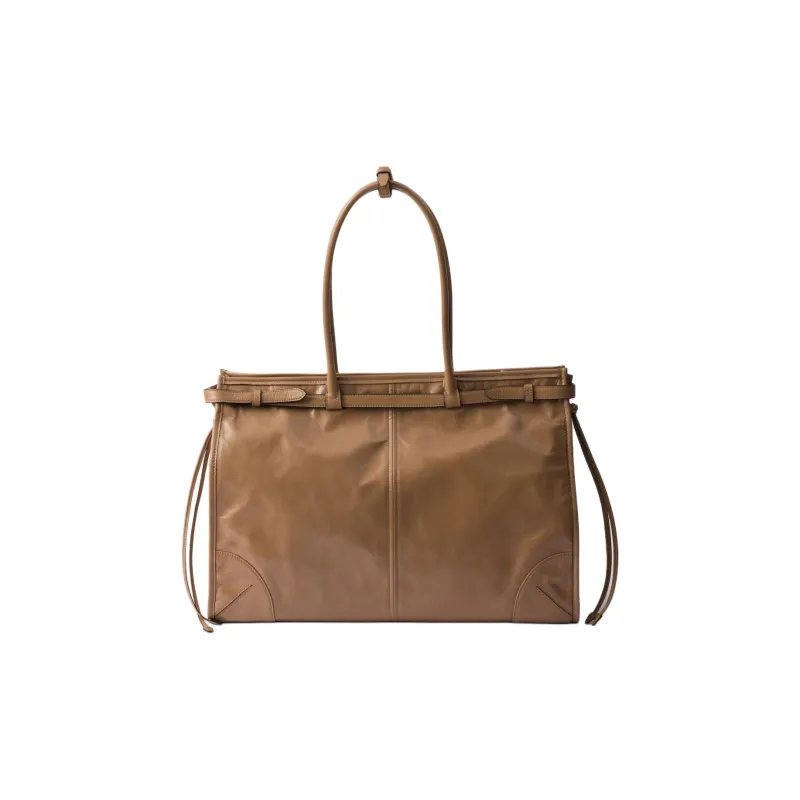 PRADA Soft Leather Shoulder Bag Crossbody Bag Handbag Large Size Women's Cameo Brown-2