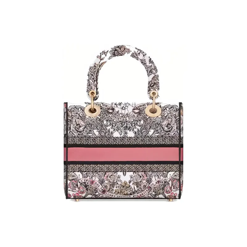 DIOR Lady D-Lite Embroidery Dior Bag Shoulder Bag Crossbody Bag Handbag Medium Size Women's White & Light Pink-2