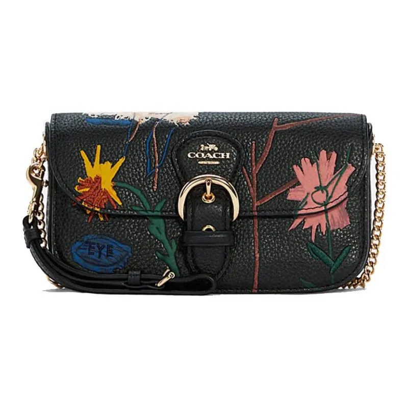 COACH X Basquiat Collaboration Kleo Leather Shoulder Bag, Crossbody Bag Trumpets Women's Black-1