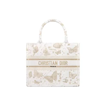 DIOR BookTote Embroidery Tote Bag Shopping Bag Handbag Small Size Women's Gold & White