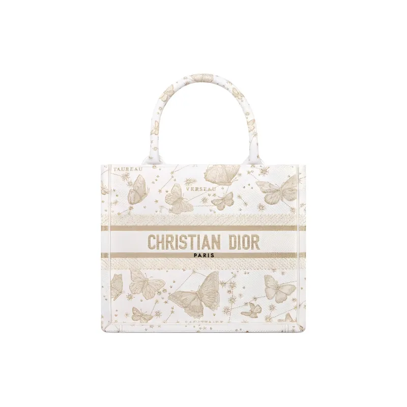 DIOR BookTote Embroidery Tote Bag Shopping Bag Handbag Small Size Women's Gold & White-0