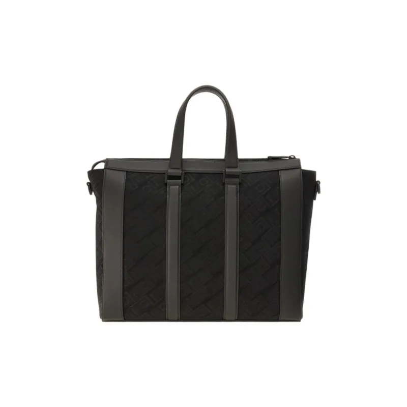 FERRAGAMO Calfskin Patchwork Fabric Shoulder Bag Crossbody Bag Handbag Men's Black-3