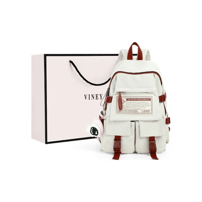 VINEY Nylon Fabric Backpack Laptop Bag Large Size Women's White-0