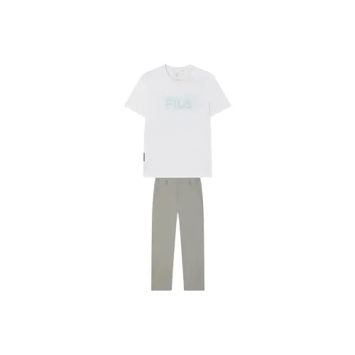 FILA Casual Sportswear Men Set Standard White Tops+Taupe Long