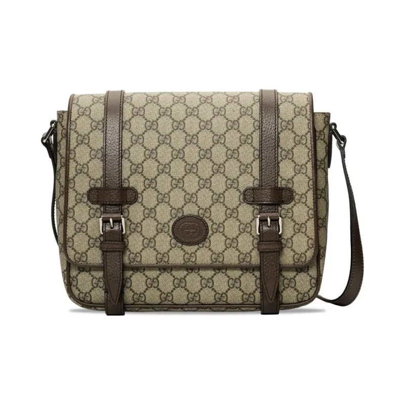 GUCCI Canvas With Leather Messenger Bag Shoulder Bag Crossbody Bag Unisex Ebony/Brown-0