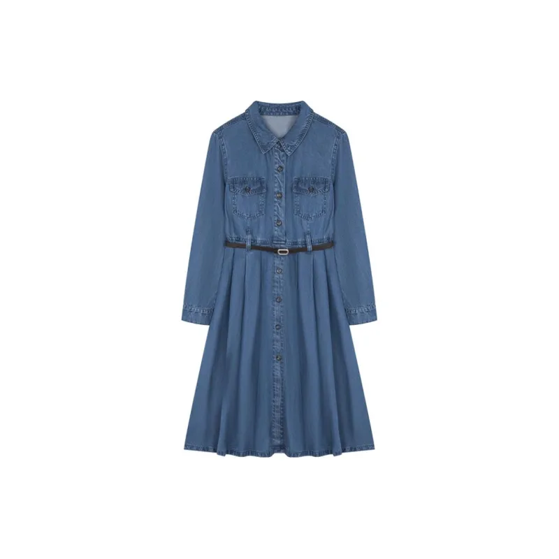 IHIMI Long Sleeved Dresses Women's Vintage Denim Light Blue-1