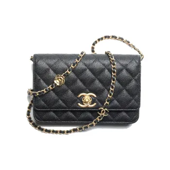 CHANEL Shiny Beaded Embossed Calfskin Chain Wallet Shoulder Bag Crossbody Bag Regular Women's Black