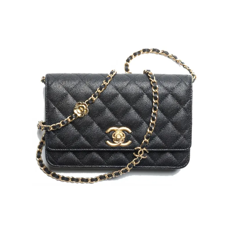 CHANEL Shiny Grain Embossed Calfskin Chain Wallet, Shoulder Bag, Crossbody Bag Women's Black-0