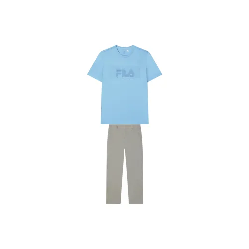 FILA Casual Sportswear Men Set Tiffany Blue Tops+Taupe Pants