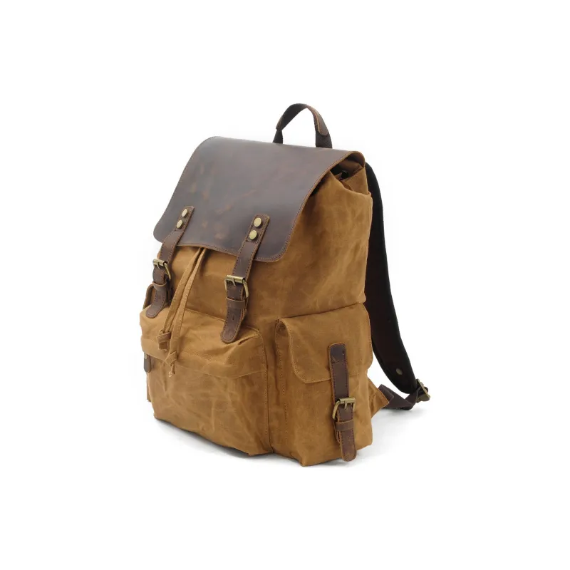 TTaG．baG Top Grain Cow Leather With Shellac Canvas Backpack Men's Black/Coffee/Gray/Army Green/Khaki-4