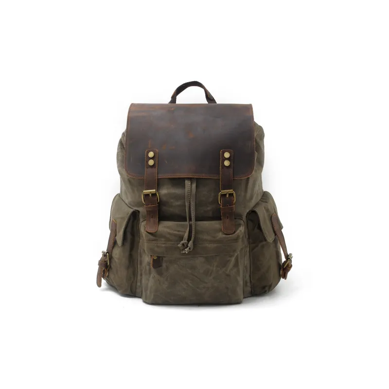 TTaG．baG Top Grain Cow Leather With Shellac Canvas Backpack Men's Black/Coffee/Gray/Army Green/Khaki-3