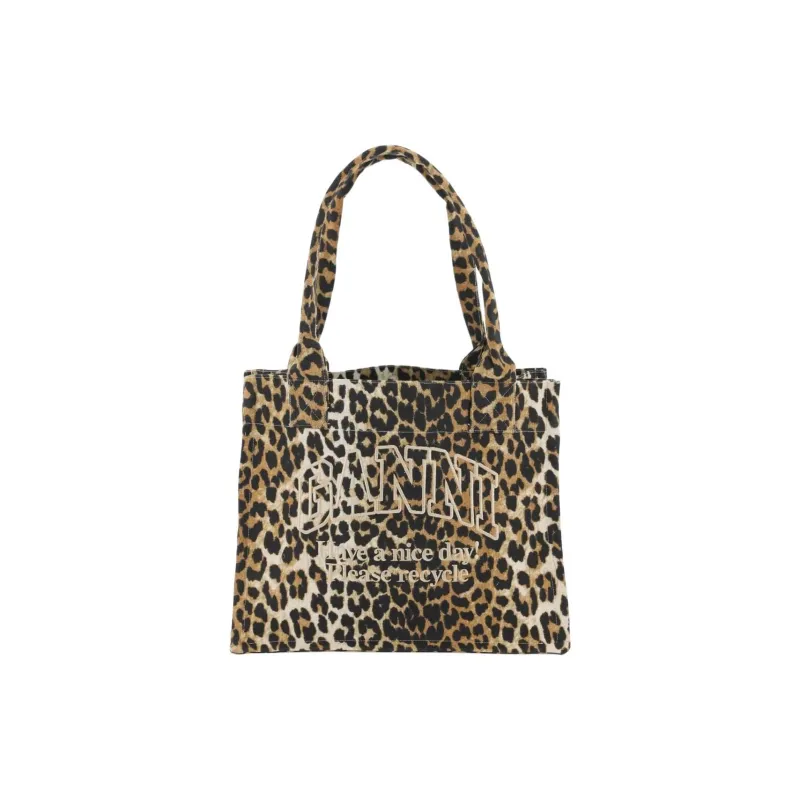 GANNI Canvas Tote Bag, Shopping Bag, Shoulder Bag, Handbag Large Size Women's Leopard Print-1