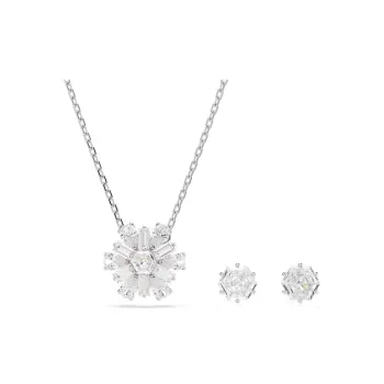 Swarovski Synthetic Cubic Zirconia Rhodium-Plated Necklace+Stud Earrings Set Women's Silver
