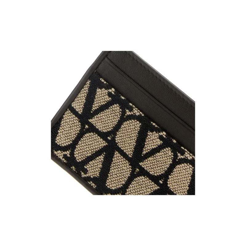 Valentino Calfskin Patchwork Fabric Card Holder Men's Black Candy Color-3