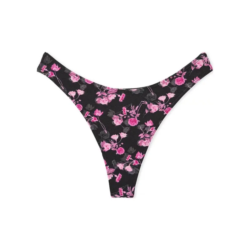 Victoria's Secret Stretch Cotton High-Leg Scoop Thong Panty / Black Floral Underpants Women's 1 Pack Black-0