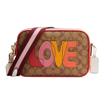 COACH Jes Canvas With Leather Camera Bag, Shoulder Bag, Crossbody Bag Medium Size Women's Khaki Red Pink