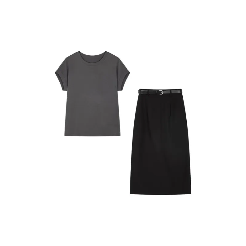 IHIMI Two Piece Skirt Sets Women's Smoke Gray+Black-2