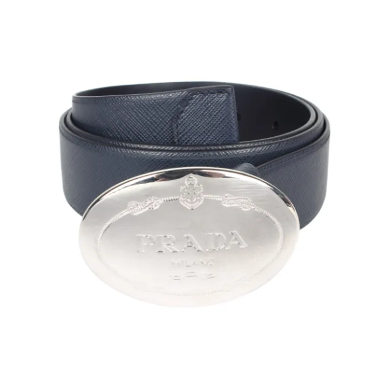 PRADA Logo Carving, Smooth Buckle   Leather Belts Unisex Blue-0