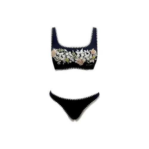 Visual Mood Two-Piece Swimsuits Women's Black/White Embroidered U-Neck Set Tops+Low-Rise Pants