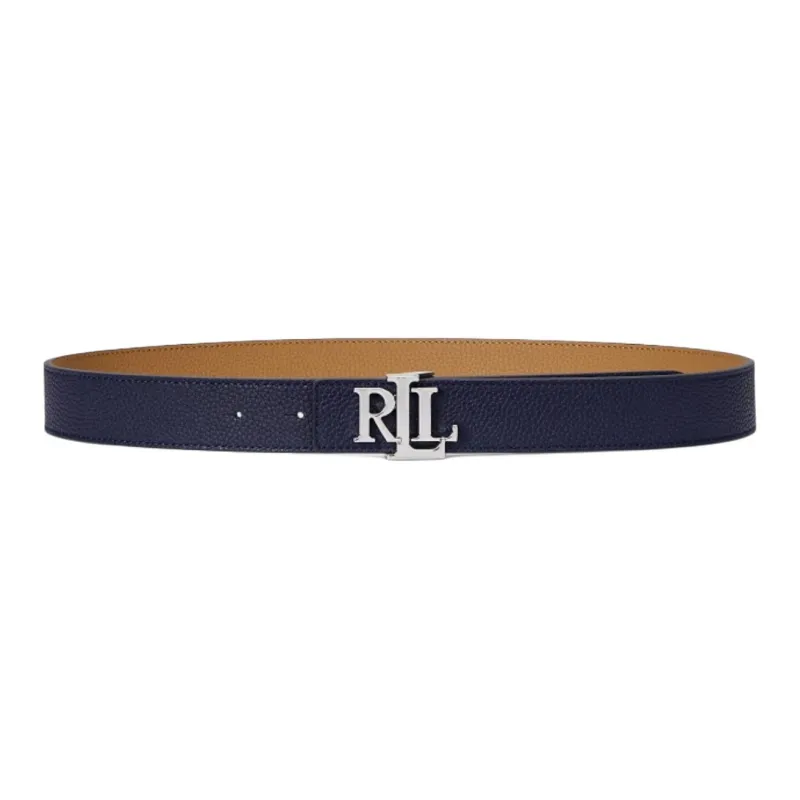 Ralph Lauren Logo On Both Sides With Litchi Grain Smooth Buckle Cow Leather Belts Women's Dark Blue Width 2.5CM-0