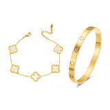 White Four-Leaf Clover Bracelet+Four-Leaf Clover Bangle, Gold (Titanium Steel)