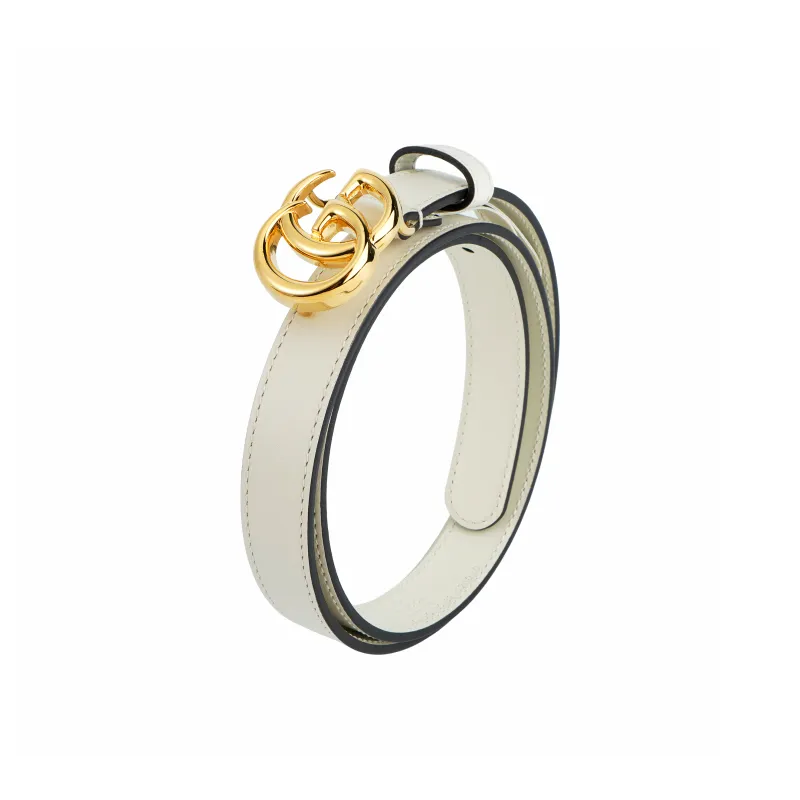 GUCCI Gold Tone Lock Double G Slim Smooth Buckle Leather Belts Women's White Width  2cm-2