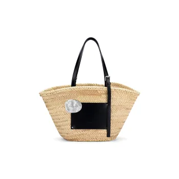 NothingButMini Raffia/Cow Leather Tote Large Size Women's Patent Leather Black/Chocolate