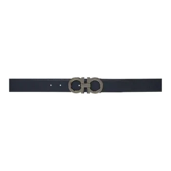 FERRAGAMO Embossed Metal Calfskin Leather Belts Men's Marine Blue Width Approximately 2.5cm